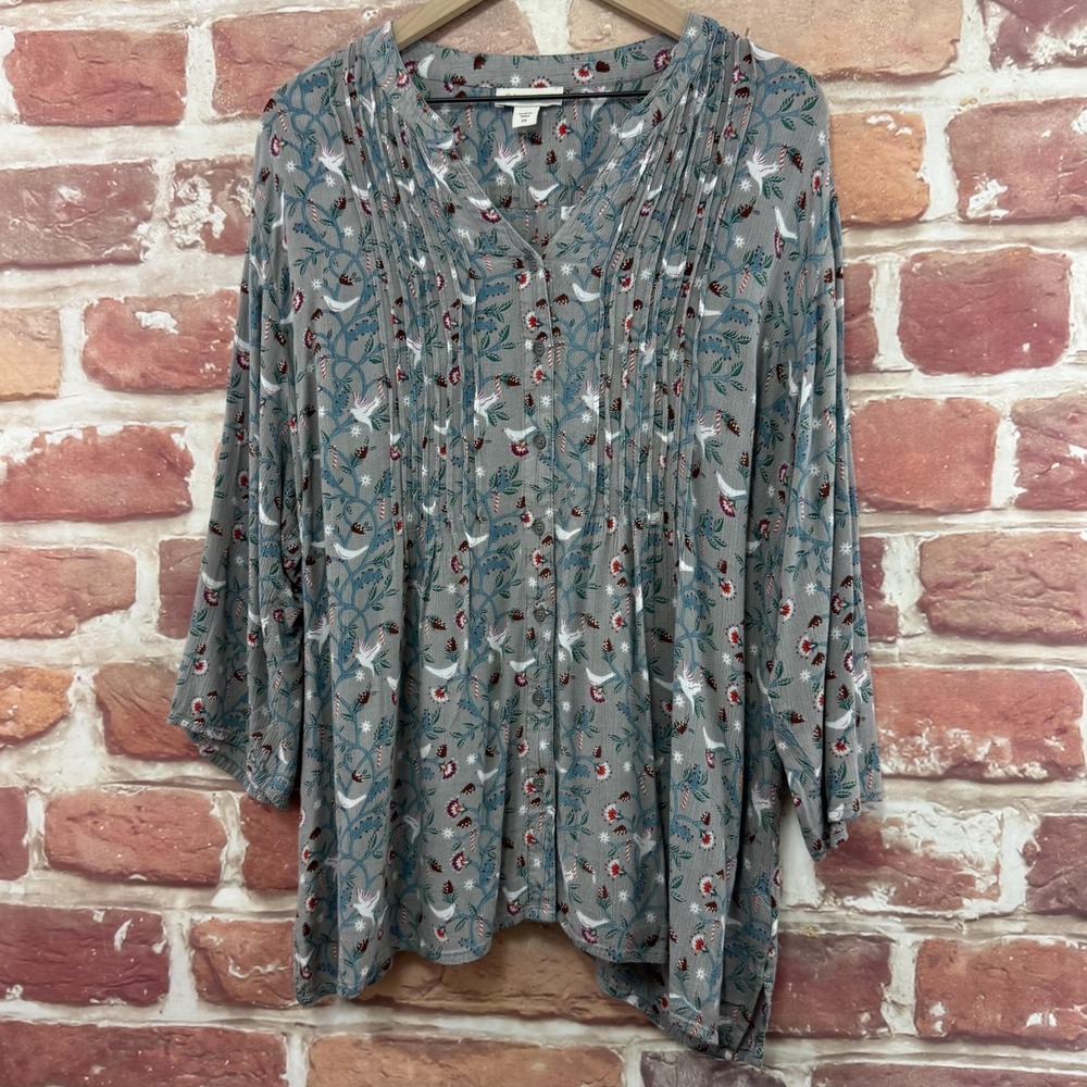 Coldwater Creek Top Women's 2X Gray Floral Birds Christmas Holiday Casual Shirt - Picture 3 of 9